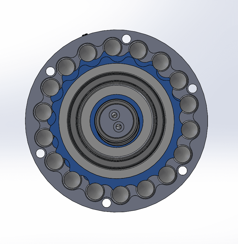Front view of the cycloidal gearbox showing the outer ring pins and cycloidal disk