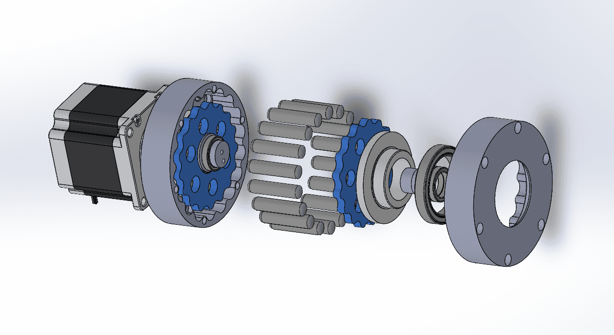 Exploded CAD view of the cycloidal gearbox assembly